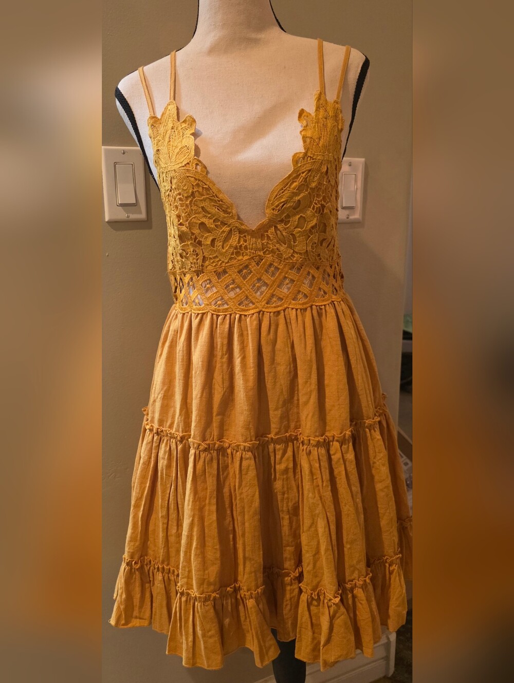 SHEIN Mustard Crochet Bodice Tiered Mini Dress THRIFTED